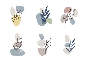 Abstract collage with shape with plant and stone. Flat illustration with sea stones, tropical leaves and and abstract shapes.