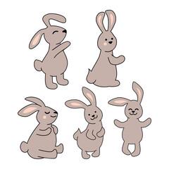 Bunnies, rabbits isolated on white background. Vector illustration set.