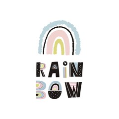 Hand drawn cute rainbow type.  Handwritten rainbow alphabet in scandinavian style . Rainbow print for baby textiles, fabrics and baby shower cards.