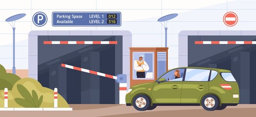 Car at parking entrance with barrier. Scene with guard in booth opening gate and letting driver to drive into paid parking lot. Colored flat cartoon vector illustration of underground garage entry - obrazy, fototapety, plakaty