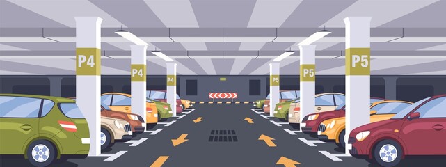 Panoramic view of urban underground car park full of parked autos. Basement garage interior with markings, signs, columns and reserved parking lots. Colored flat vector illustration © Good Studio