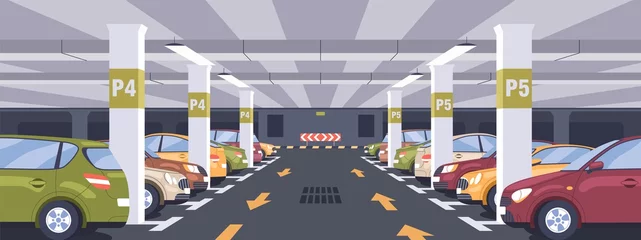 Fotobehang Panoramic view of urban underground car park full of parked autos. Basement garage interior with markings, signs, columns and reserved parking lots. Colored flat vector illustration © Good Studio