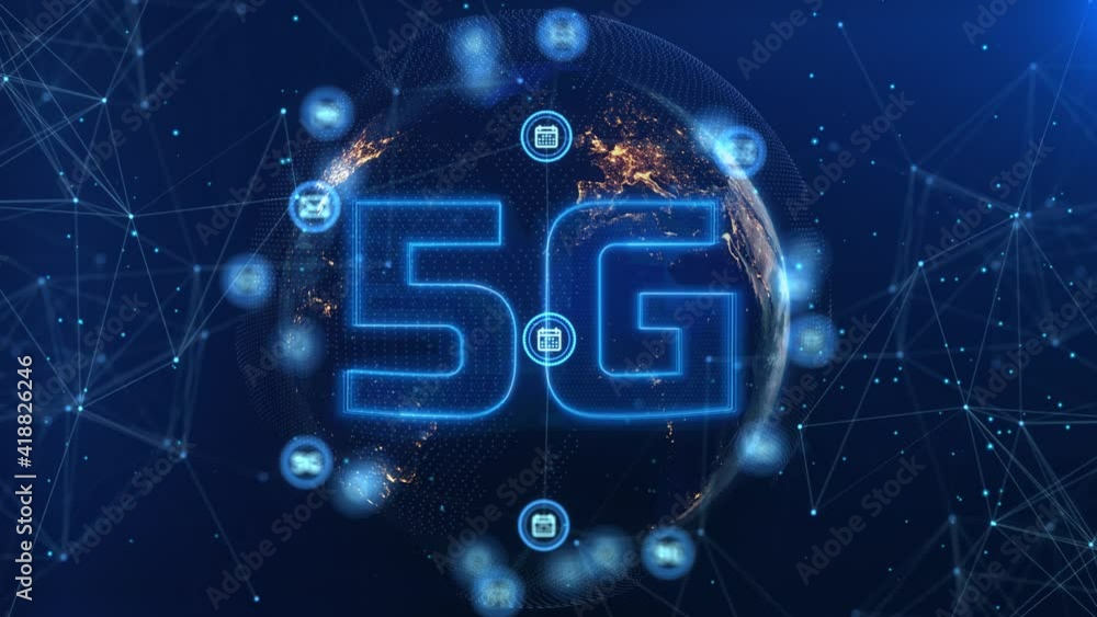Poster earth globe 5g network iot internet of things future benefits. worldwild orb dark blue icons loop an