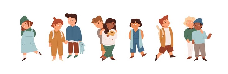 Group of cute little children standing together. Crowd of diverse multiracial kids. Team of happy smiling boys and girls. Colored flat cartoon vector illustration isolated on white background