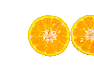isolated one and half cut of orange fruit with clipping path on white background a top view closeup vivd color texture of yellow sweet citrus for healthy food and juice ingredient