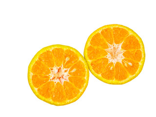 isolated two half cut of orange fruit with clipping path on white background a top view closeup vivd color texture of yellow sweet citrus for healthy food and juice ingredient