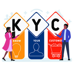 Flat design with people. KYC - Know Your Customer. acronym, business concept background.   Vector illustration for website banner, marketing materials, business presentation, online