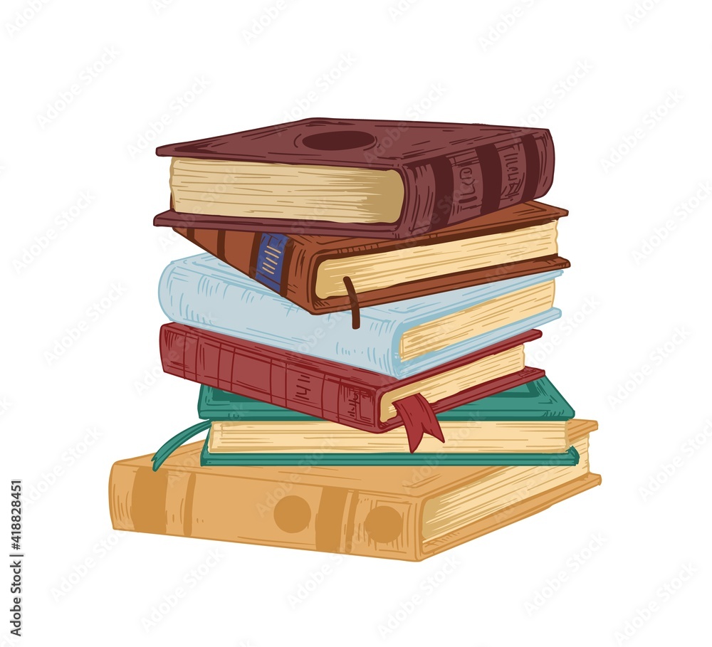 Poster vertical stack of old historical books in hardbacks with bookmarks isolated on white background. pil