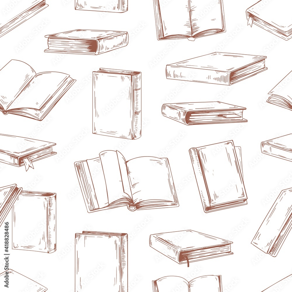 Poster Seamless pattern with flying open and close books in hardbacks on white background. Endless library texture with old textbooks for printing. Hand-drawn vector illustration for wrapping