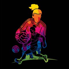 Group of Gaelic Football Female Players Sport Action Cartoon Graphic Vector.