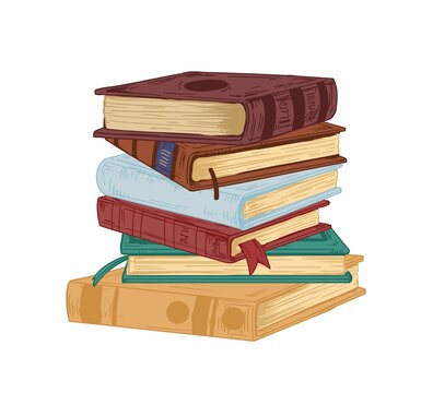 Vertical stack of old historical books in hardbacks with bookmarks isolated on white background. Pile of ancient textbooks for reading. Colored hand-drawn vector illustration in vintage style