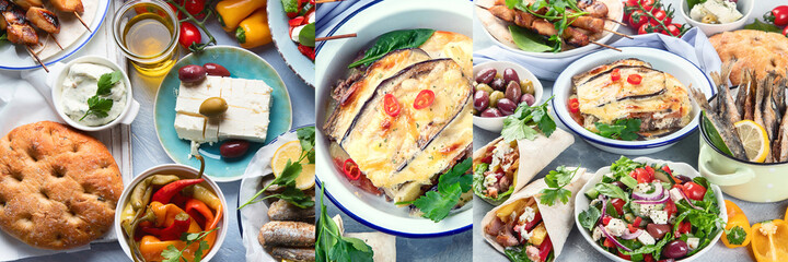 Collage of Greek food. Traditional different types of greek dishes.