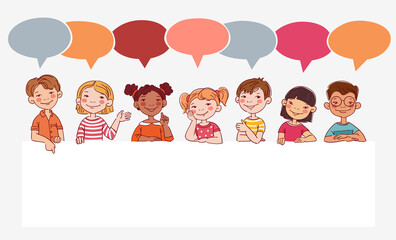 Funny kids. Vector cute boys and girls collection. Multi-ethnic group of happy children. Different cartoon faces icons
