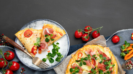 Delicious fresh pizzas variety with different souces and vegetables. Homemade food concept.