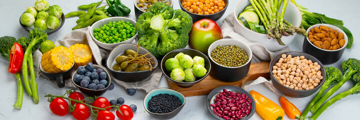 Healthy plant based food, best protein source on light grey background.