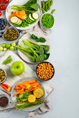 Healthy plant based food, best protein source on light grey background.