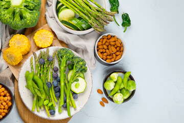 Healthy plant based food, best protein source on light grey background.