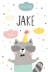 Cute greeting card with a character . Fan print birthday party