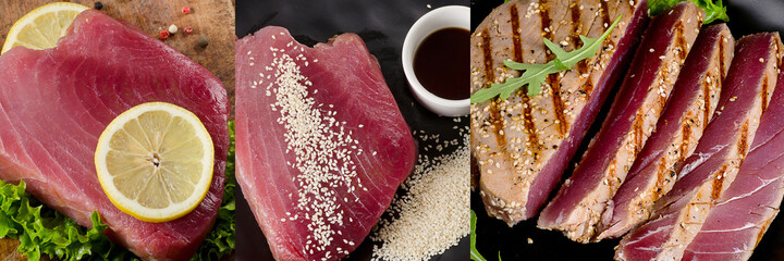 Gollage of different types of tuna with sauces and spices.