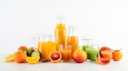 Variety of citrus juices and fruits on white background