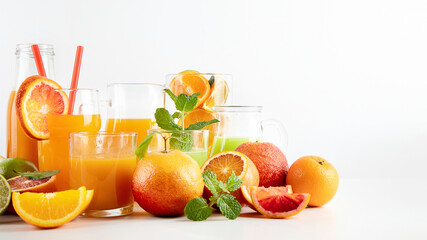 Variety of citrus juices and fruits on white background