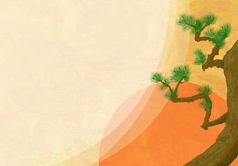 松の木と日の出・円に金箔の、和風（日本的な）オレンジ系マーブル模様の背景イラスト