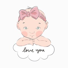 Cute hand drawn Newborn baby. Vector print for Baby Shower invite and baptism invitation. Birth poster for baby