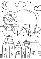 Coloring page with cute Sloth - Unicorn. Monochrome vector illustration with sloth unicorn © NadezdaBarkova