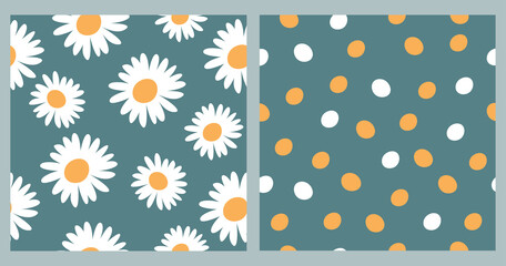 Set of Abstract floral seamless patterns with cute chamomile on a blue pastel background and yellow polka dots. Hand drawn vector illustration for wrapping paper, textile print, cover and fabric.