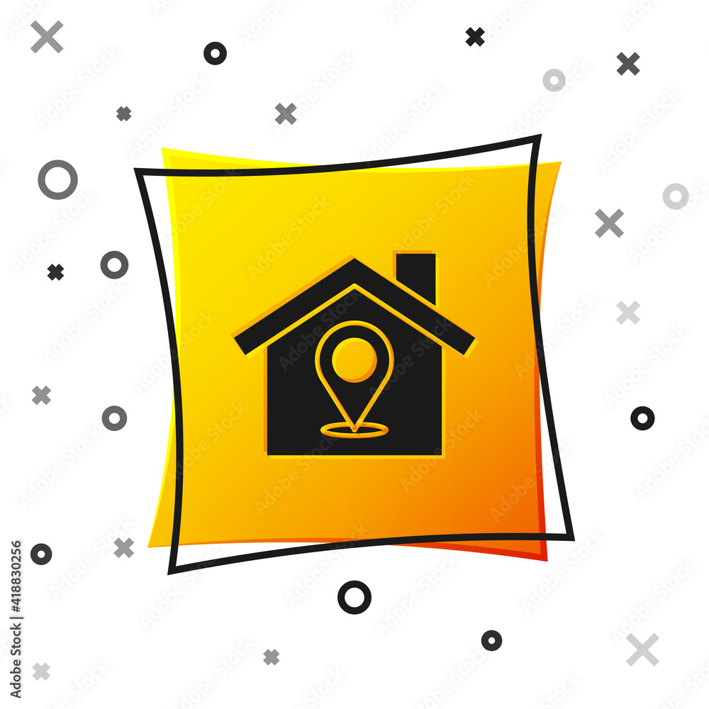 Poster black map pointer with house icon isolated on white background. home location marker symbol. yellow 