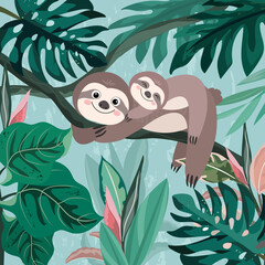 Cute mom and baby sloth in tropical forest. © nalinee