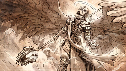 Fototapety  sketch of a beautiful young angel girl in heavy plate armor as she walks through the clouds in the heavens with a huge mace in her hands. 