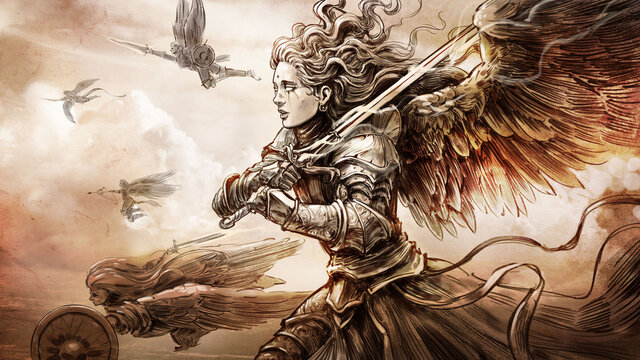 angelic army, made in the style of a pencil sketch, it depicts a beautiful woman knight flying through the sky into battle with a magic sword in her hands, her fellow angels are next to her.