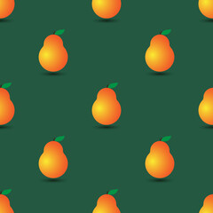 Vector seamless pattern with juicy yellow-orange gradient pears and shadow.Summer fruits background on emerald.For fabrics,wallpapers,wrapping papers,textiles,webs and others design projects.