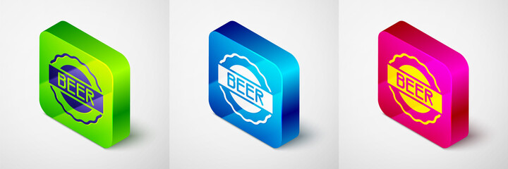 Isometric Bottle cap with inscription beer icon isolated on grey background. Square button. Vector.