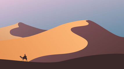 Fototapeta na wymiar Landscape of the desert sunset and traveler.
