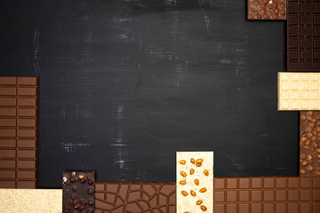 a lot of different sweet, delicate chocolate bars lie creatively on a black wooden background