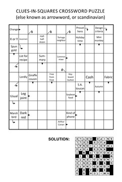 Clues-in-squares crossword puzzle, or arrow word puzzle, else arrowword, scandinavian, or scanword, skanword. General knowledge, non-themed, family friendly. Solution included.
