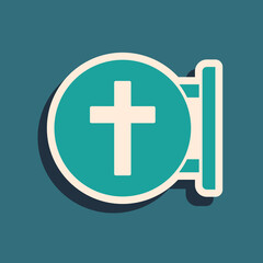 Green Christian cross icon isolated on green background. Church cross. Long shadow style. Vector.