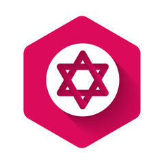 White Star of David icon isolated with long shadow background. Jewish religion symbol. Symbol of Israel. Pink hexagon button. Vector.