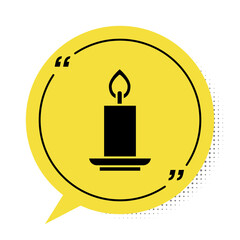 Black Burning candle icon isolated on white background. Cylindrical candle stick with burning flame. Yellow speech bubble symbol. Vector.