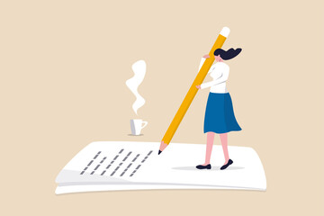 Content writer, blogger, bullet journalist or publishing editor concept, young smart woman freelance holding big pencil thinking and writing content on notepad paper with cup of coffee.
