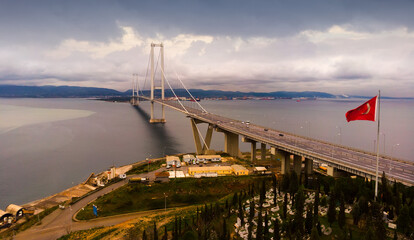 Aerial view of Osman Gazi Bridge in Kocaeli, Gulf of Izmit, Marmara sea, Turkey