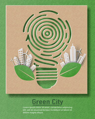 Fingerprint light bulb with a city, save the planet and energy concept, paper illustration, and 3d paper.