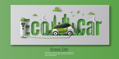 Electric car banner design with EV charger station in a modern city, save the planet and energy concept, paper illustration, and 3d paper.