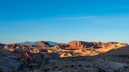 Valley of Fire State Park Ultrawide Panorama of golden hour lighting up red sandstone domes in Clark County, Nevada between Las Vegas and Zion National Park.