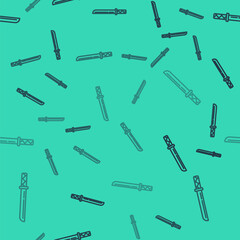 Black line Traditional Japanese katana icon isolated seamless pattern on green background. Japanese sword. Vector.