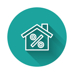Fototapeta na wymiar White line House with percant discount tag icon isolated with long shadow background. Real estate home. Credit percentage symbol. Green circle button. Vector.