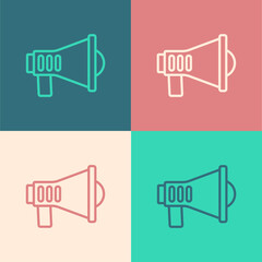 Pop art line Megaphone icon isolated on color background. Speaker sign. Vector.