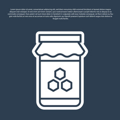 Blue line Jar of honey icon isolated on blue background. Food bank. Sweet natural food symbol. Vector.